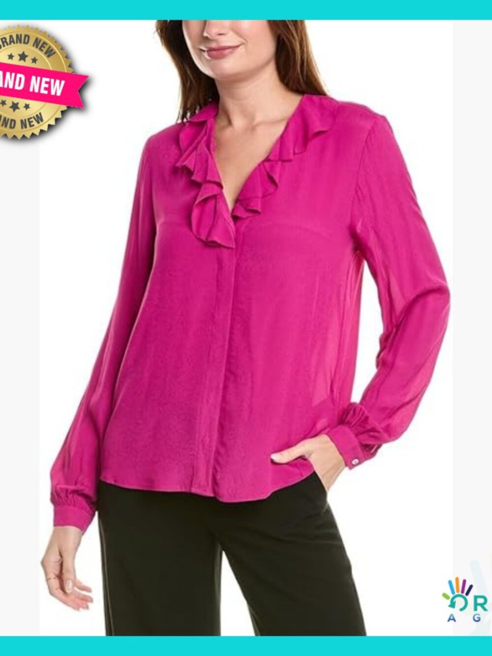 Long Sleeve Ruffle V-Neck Crepe Blouse Elegant Classic Chic Formal Casual